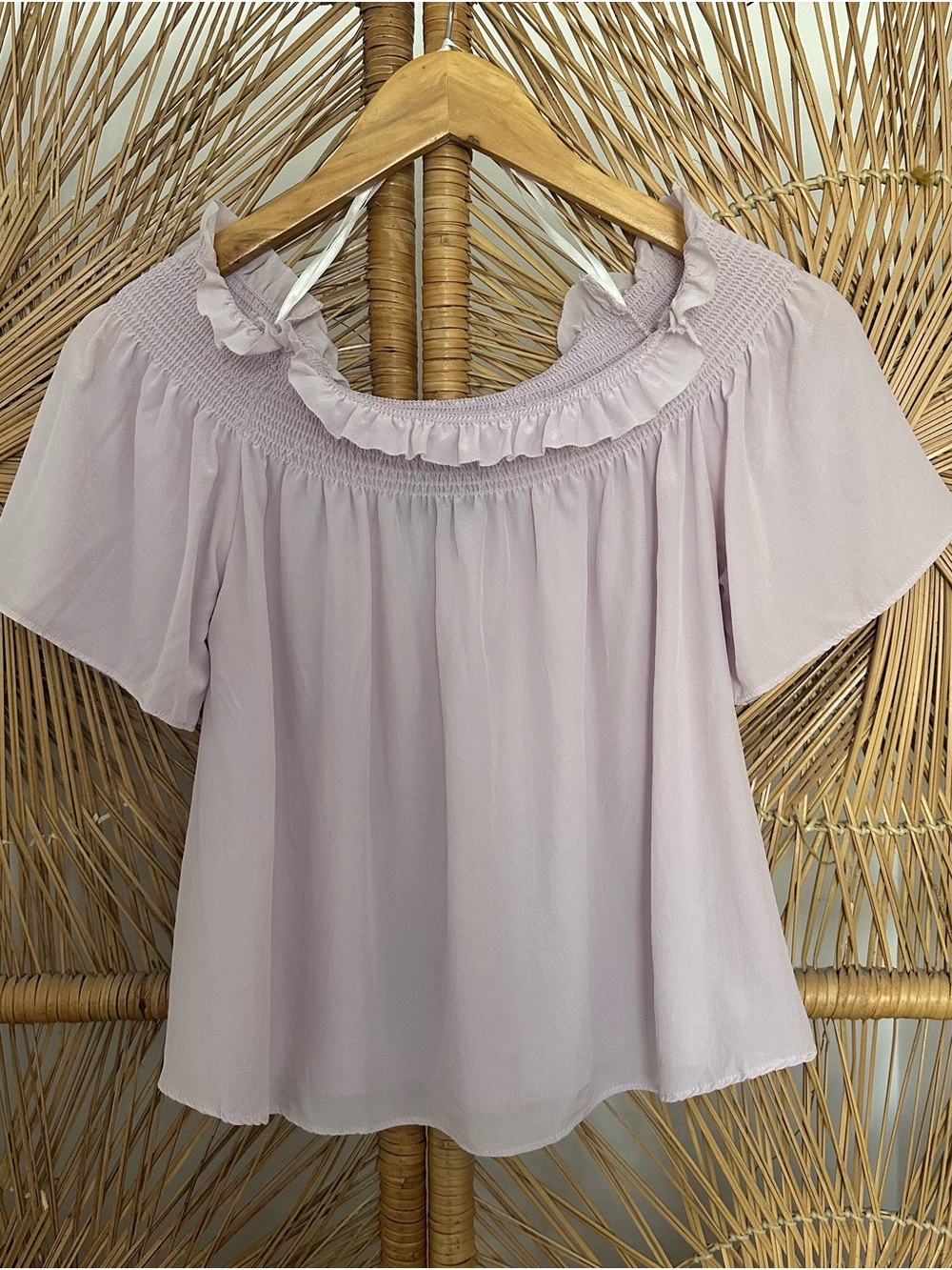 7 For All Mankind Lavender Smocked Off-Shoulder Blouse